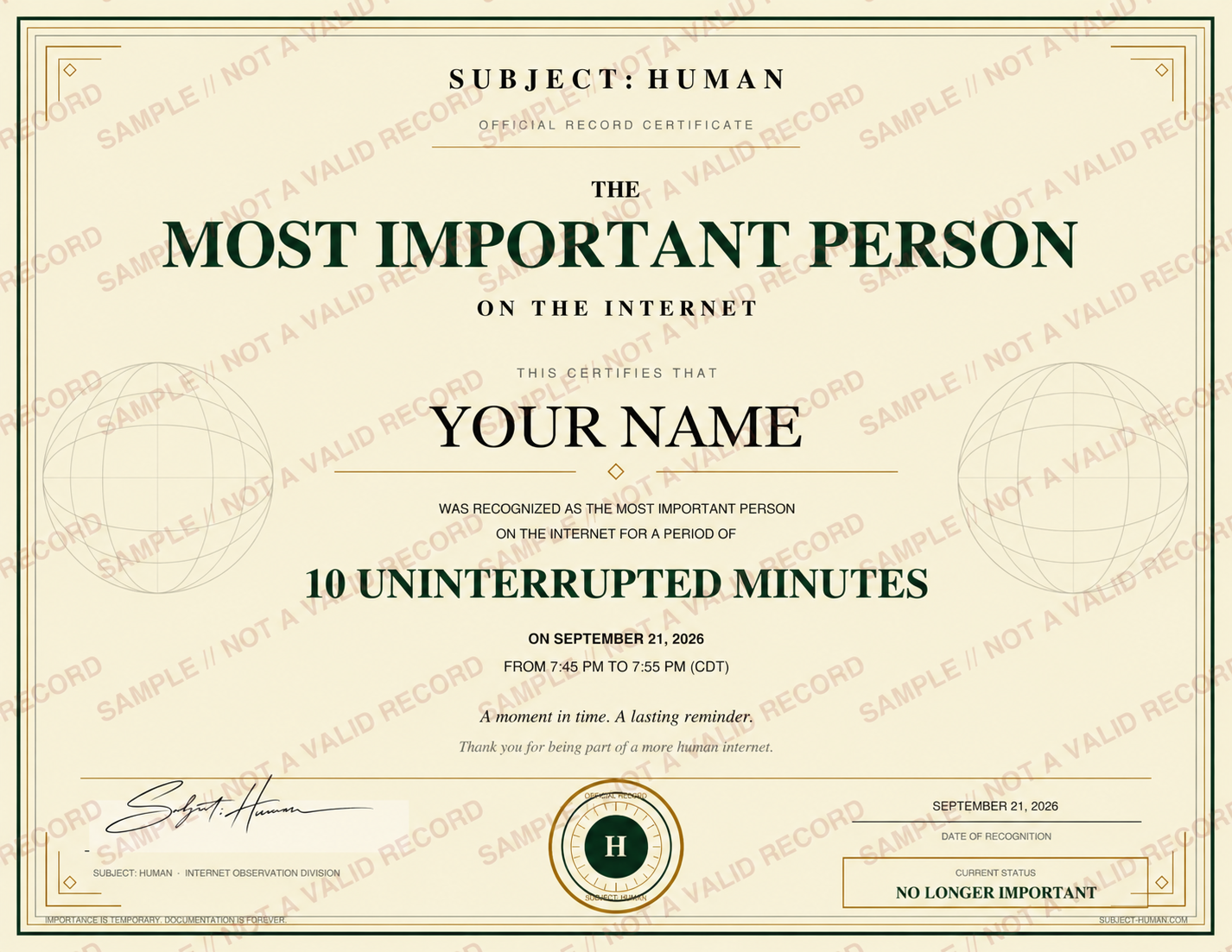Watermarked sample of the official Subject: Human Most Important Person on the Internet certificate